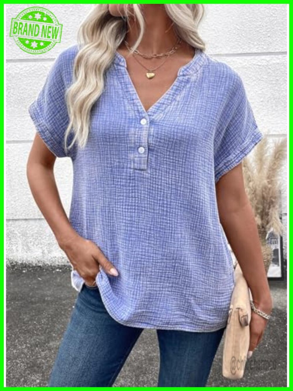 Women's Boho Button Down Blouse Cotton Short Sleeve V-Neck Loose Fit Top - Picture 2 of 6